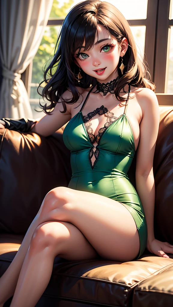 detailed face, detailed eyes, dutch angle, perfect hands, from front, Adult, Mature Female, Average Breasts, nsfw, lingerie, avatar (series), CHAR-F Avatar Series Toph Beifong by Shurik, (brown hair:1.2), , skimpy intricate (green:1.5) ballgown, , (long frilled elbow gloves, lace thighhighs, high heels:1.15), (updo hair:1.3), posing seductively,