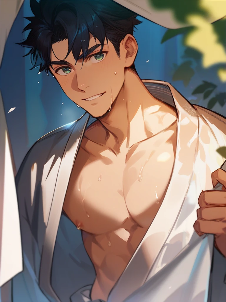 absurdres, highres, ultra detailed, HDR, master piece, best quality, extremely detailed, detailed eyes, detailed face, Eiden, brown hair, expressive brown eyes, Nu Carnival, solo, sexy man, handsome, horny, lewd, wet, light-blue transparent rain coat, you can see through his white shirt, nipples, spring, flowers, green leaves, magical forest, dark fantasy, rain, night