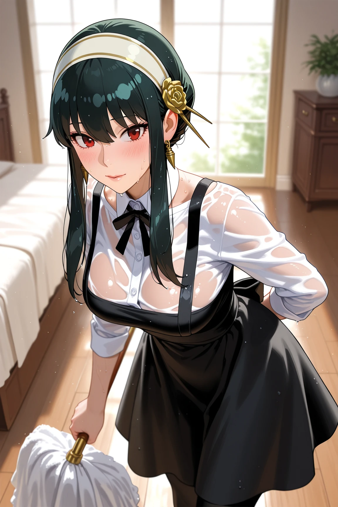 (A high resolution, high quality:1.2), complex parts, cinematic lighting, 1 girl, mature woman, One, standing,, cowboy shot, blush, green hair, long hair, Brown eyes, (hair ribbon:1.1), maid, maid headdress, the bow tie, maid apron, black shirt, puffy short sleeves,, (thong), looks at the viewer, sexy face with full makeup, Red lipstick, (lush:1.1), big breasts, in the room, luxury room, window, Mansion, wall,