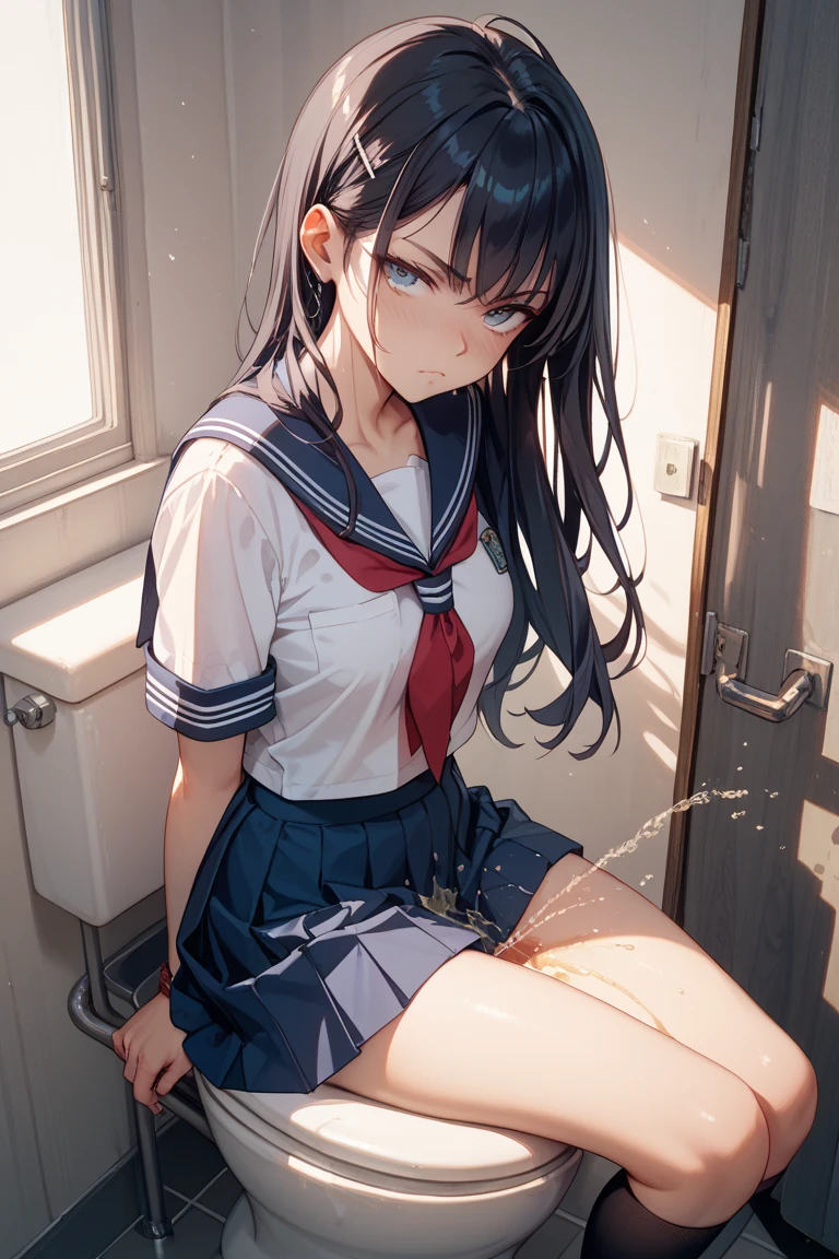 ((masutepiece,Best Quality)),girl with, Solo、1 persons、kawaii,((14-year-old junior high school girl:1.5)),flat chest,Beautiful detailed black eyes, School uniform, White High Socks、Black hair,bluntbangs,long straight hair、disgusted eye, lightsmile, groin, ‎Classroom,Sleeping, (Sweating:1.3), Lying down,(Clear liquid is dripping from her crotch:1.2), Coercion of sexual sensations, bashful, Heavy breathing, (Steam breath:1.2), spread Vaginal,Trembling girl,（:1.3),Tears at the corners of the eyes,,,(vaginal,SEX:1.5),Woman on top、Muscular naked man underneath、(Ejaculation into the vagina:1.3)