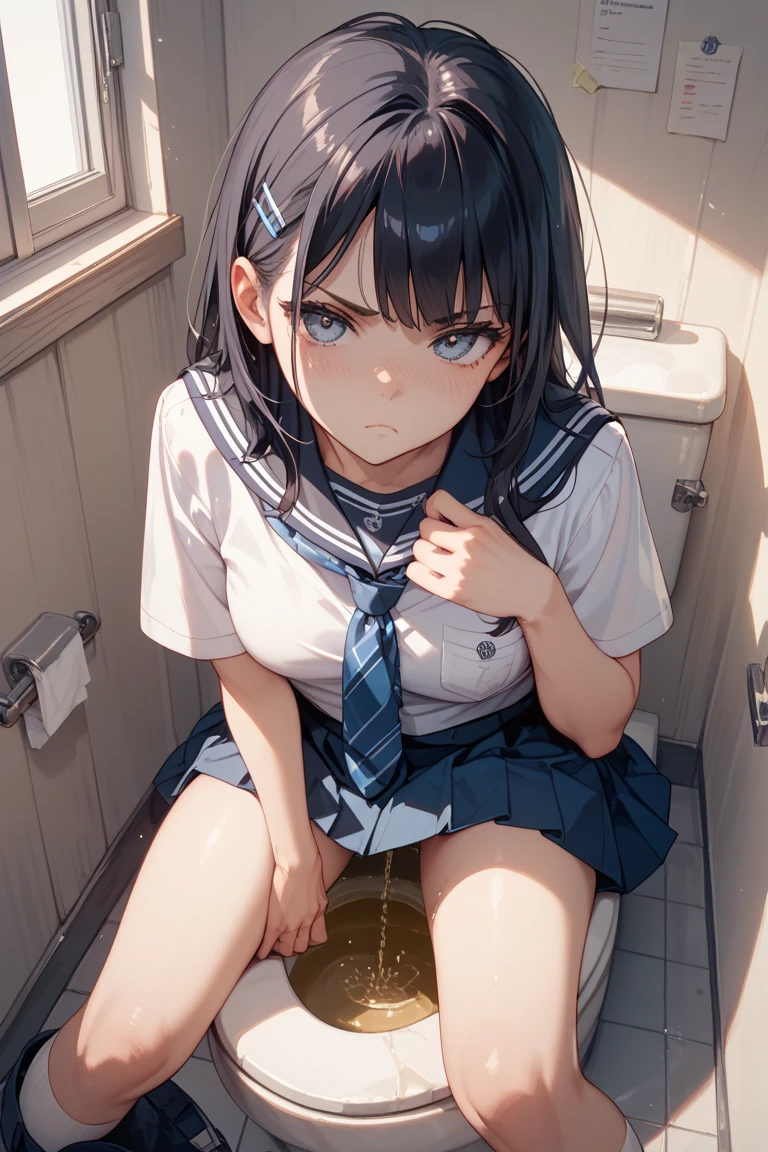 (masterpiece, best quality, highres, super detail illustration), skirt lift up, nsfw, cum, spread legs with standing, tears up, , bottomless, clean floor, crying, arms up, restrained, shackles,