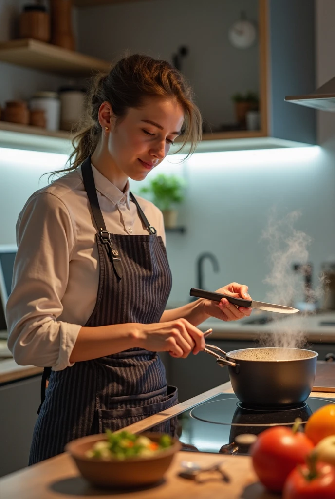 belle blonde seule dans une cuisine moderne, en tablier, (préparer un plat sain et délicieux avec des ingrédients frais, souriant joyeusement devant les fourneaux.), très détaillé, 21 ans, visage innocent, cheveux ondulés naturels, oeil bleu, haute résolution, Chef de&#39;ouvrages d&#39;art, Meilleure qualité, détails complexes, très détaillé, acuité, peau détaillée, Réaliste skin texture, texture, yeux détaillés, professionnel, 4k, Sourire charmant, tourné avec Canon, 85mm, Faible profondeur de champ, couleur de vision kodak, corps parfaitement ajusté, extrêmement détaillé, photo_\(ultra\), photoRéaliste, Réaliste, Post-traitement, détails maximum, rugosité, vrai vie, ultra Réaliste, photoréalisme, La photographie, 8K UH, La photographie