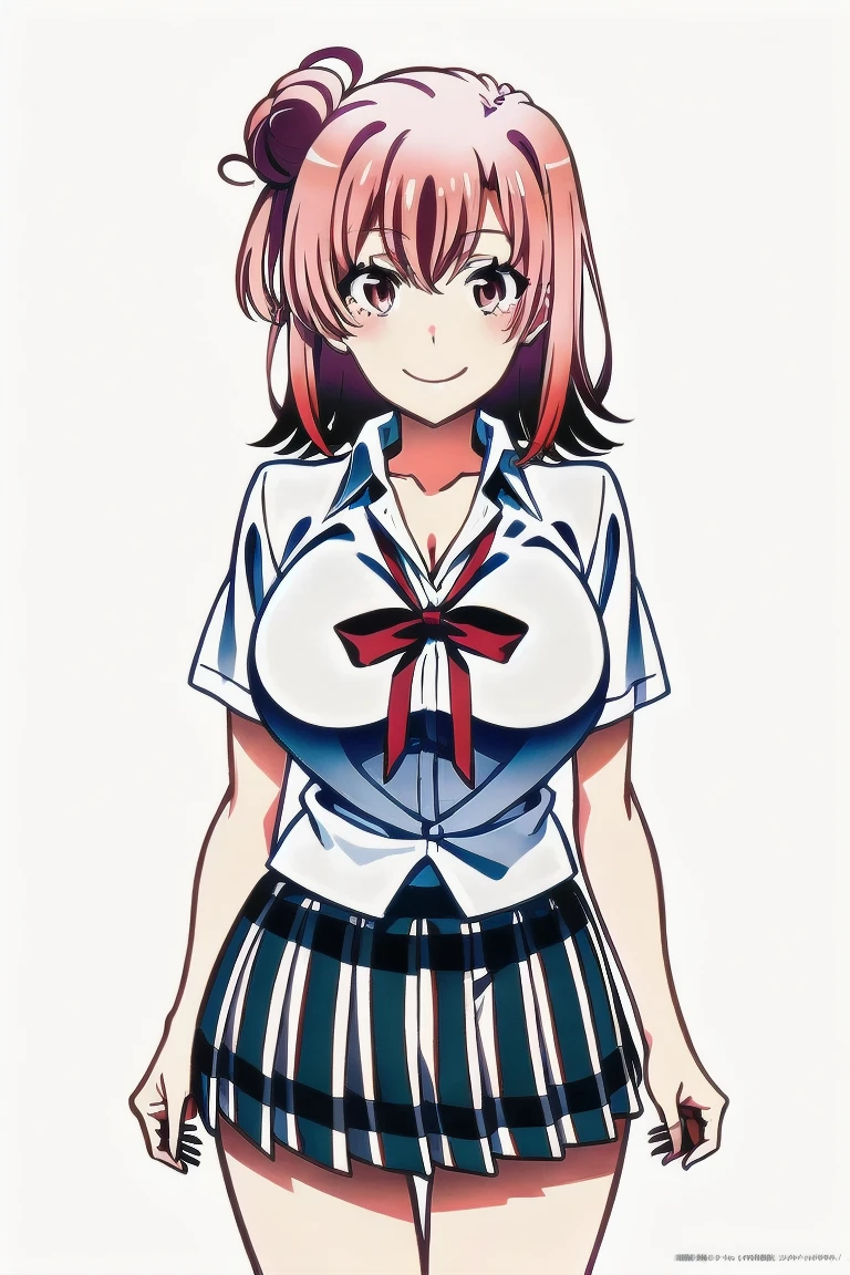 ((masutepiece, Best Quality, hight resolution, nffsw, Perfect Pixel, depth of fields, 4K, )), 1girl in, Solo, , Beautiful anime girl, Beautiful Art Style, close up, Looking at Viewer, Perfect body, Yuigahama Yui, Short hair, pink hair, hairbun, (large boob), see through shirt, smiling, winking, one eye open, hands on hips, blank white background, cowboy shot