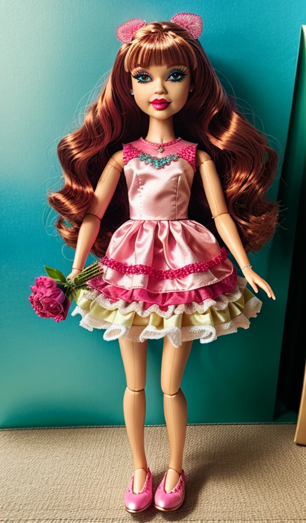 a beautiful detailed doll in a pink frilly dress, long dark brown hair, busty, in a gift box, character print, "Sophie" label, no humans, Quiron style, toy