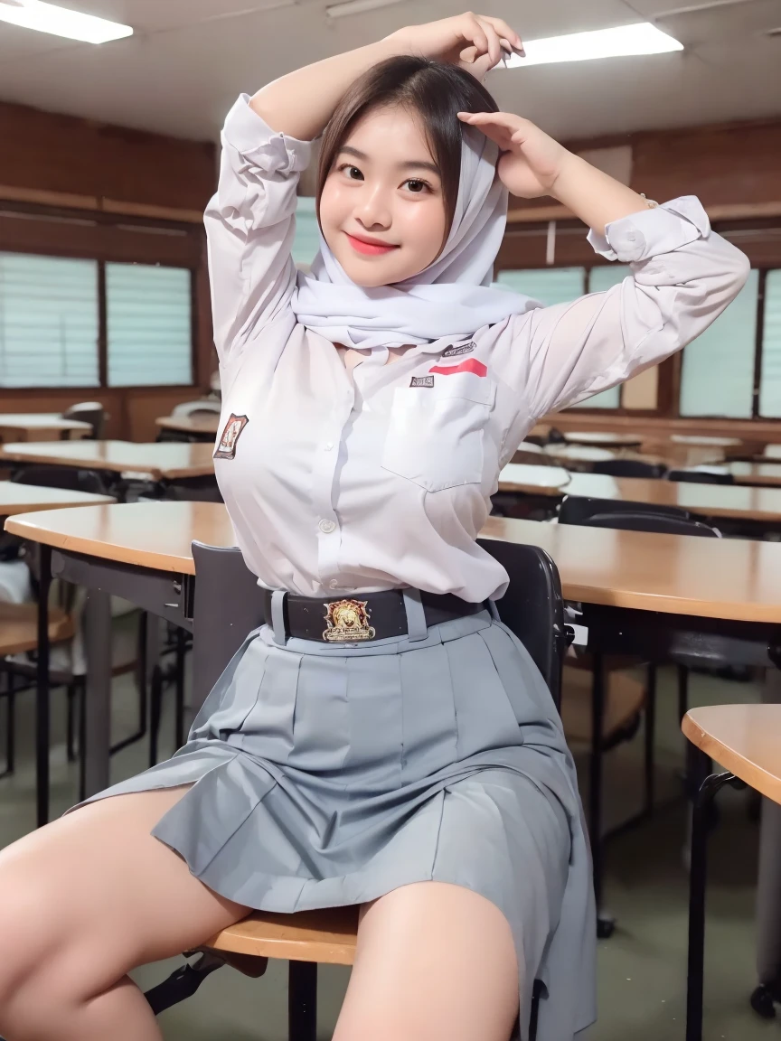 female, 1 beautiful indonesian girls, wearing indonesian high , indonesian high  grey skirt, smile, dynamic pose, Fullbody, curvy body, good hand angle, white shirt, Eye-Level Shot, 135mm, bokeh, god rays, reflection light, masterpiece, best quality, highres, HD, 8k, textured skin, high quality, UHD, beautiful hijab