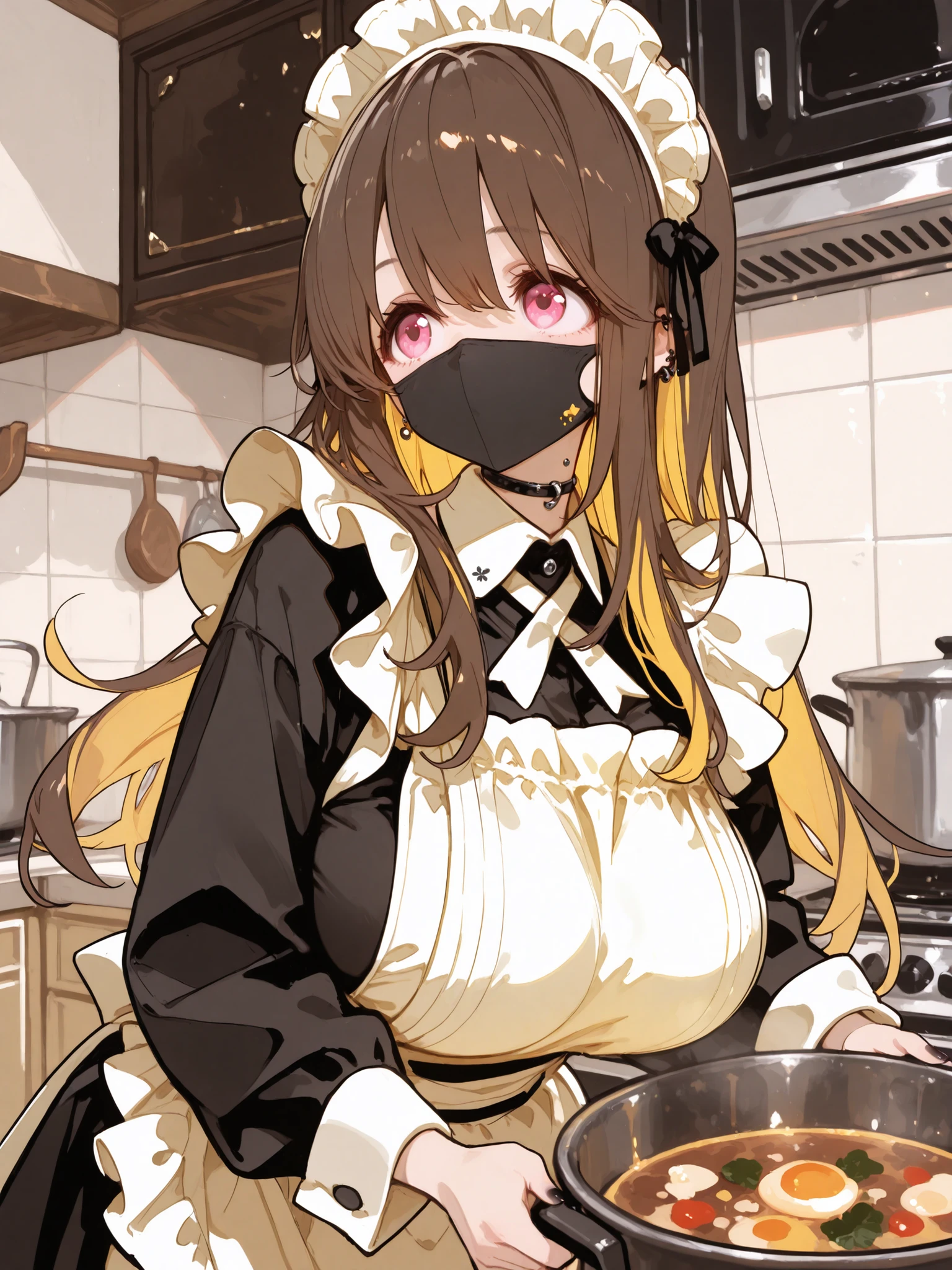 Japanese Women, masterpiece, top quality, complicated details, high resolution, 1 woman in the body,
long hair, もみあげのlong hair型, flipped out ends hair, brown hair, golden inner color,
pink eyes, Kind Eyes, (tareme:1 . 2), , Black Mask, large breast, cartilage piercing ,black nail,
madi apron, maid, maid headdress, long sleeves, kitchen, as a housewife, Make stew in a pot, Tilting your neck, Turn around, taken from the side,