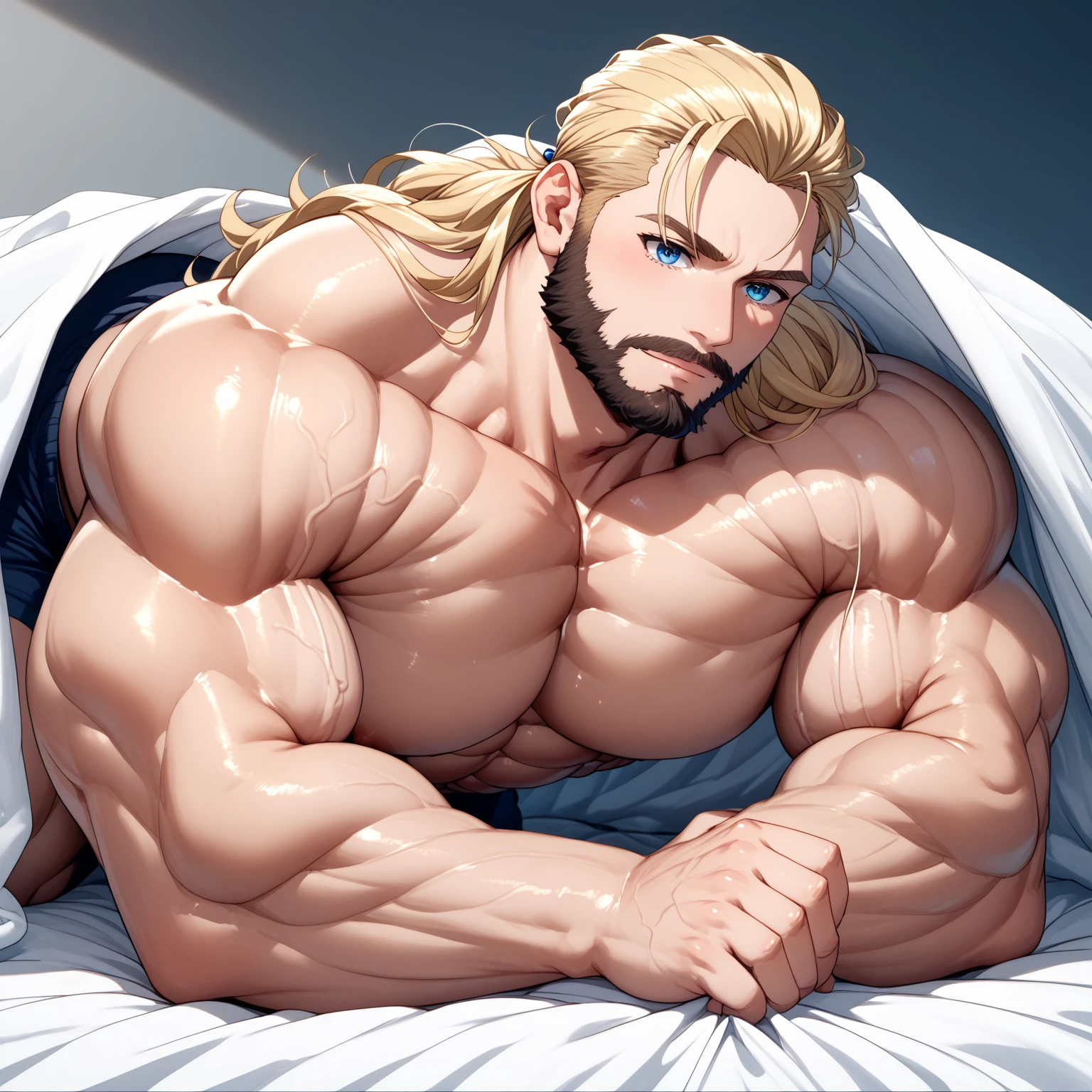 ((Best Quality, 8k, Masterpiece: 1.3)), Full Body, Focus Clear: 1.2, Outstanding Style: 1.4, Bara man, giant body: 1.2, ((blond Hair, scruffy beard, Big: 1.2)), Black underwear, Highly Detailed Face and Skin Texture, Detailed blue Eyes, hairy blonde chest, laying down,