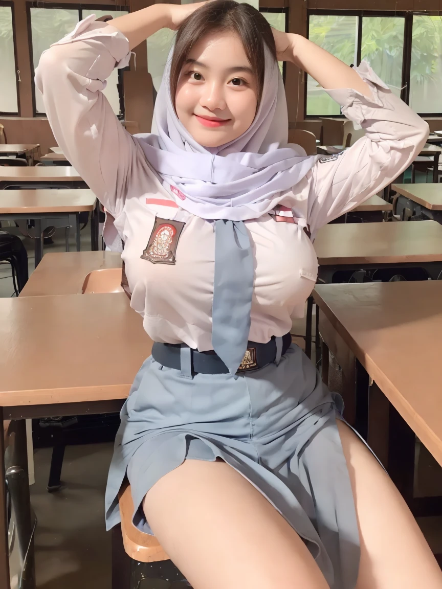 Beautiful, cute baby Face, 18 Years old Luna Maya with hijab, cute face,super detailed face,detailed hand,beautiful skin,oily skin,big eyes,profeccional lighting,brown beautiful eyes, big smile,standing, (skirt lift:1.2),big breasts, (sailor suit),(checked skirt), panties, black high socks, spread legs, she is looking at the camera,classroom, from below,
