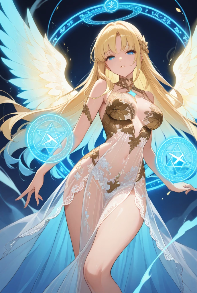 {{{{Masterpiece}}}}, {{{Awesome details}}}, {{{HD}}}, {{good anatomy}}, (((best quality))), ((Very delicate and beautiful)), {{Very detailed and neat.}}, {8k cgi wallpaper}, {{Enlightenment}}, (Set of gods and angels:1.2),Blonde,blue eyes,Ruffle,Transparent lace,beautiful accessories,Beautiful pattern,dress nicely,legendary crown,See through transparent clothes,There are a small amount of dark blue-white stripes.,Beautiful and delicate face,Bedroom scenes in western legends,nighttime,light,nighttime,Only one person.,(Flow skirt:1.1),Attractive pose, big breasts,Show your breasts,The cracks are clear...,((big tits)),(pubic bone), rift, visible chest, ((bare breast:1.37)), I see bulging nipples.,(((large areolae:1.4,pink,The nipples are clearly visible.....))),