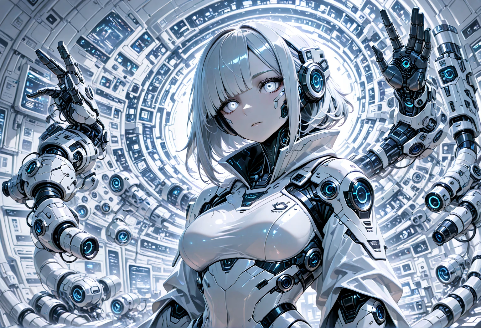 depicts a modern-day witch who has embraced the world of cybernetics to enhance her magical abilities. The artwork should convey the enchanting blend of traditional witchcraft and futuristic technology. Here are some specific elements to include: The Witch's Lair: The setting should be a cozy yet slightly eerie room, filled with magical books, crystal balls, potion ingredients, and antique furnishings. The room should be dimly lit by candles and a soft, mystical glow emanating from her cybernetic enhancements. The Cyborg Witch: The central focus of the artwork is the witch herself. She's a striking figure with a mix of traditional witch attire and cybernetic enhancements. Her clothing should have a witchy, occult aesthetic, with flowing robes, a pointed hat, and an intricate pentagram necklace. Her arms, however, have been upgraded with cybernetic components that incorporate magical symbols and glowing runes. Magical Interface: The witch is in the midst of casting a spell, with a holographic, touch-screen interface floating before her. This interface includes spell incantations, arcane symbols, and digital components, demonstrating her fusion of magic and technology. Spell Ingredients: On a nearby table, there should be a collection of spell ingredients, like herbs, potions, and magical artifacts. Some of these items may have been modified with cybernetic enhancements, blurring the line between the natural and the technological. Familiar: The witch's familiar, perhaps a cat or raven, should be present in the scene, serving as her magical companion. The familiar could also have subtle cybernetic enhancements or glowing eyes. Glowing Runes: The room should be adorned with ancient symbols and glowing runes on the walls and floor, contributing to the magical atmosphere. Aetherial Lighting: Use a combination of mystical, ethereal lighting and cybernetic glows to create a captivating interplay of light and shadow. The contrast between the tradit