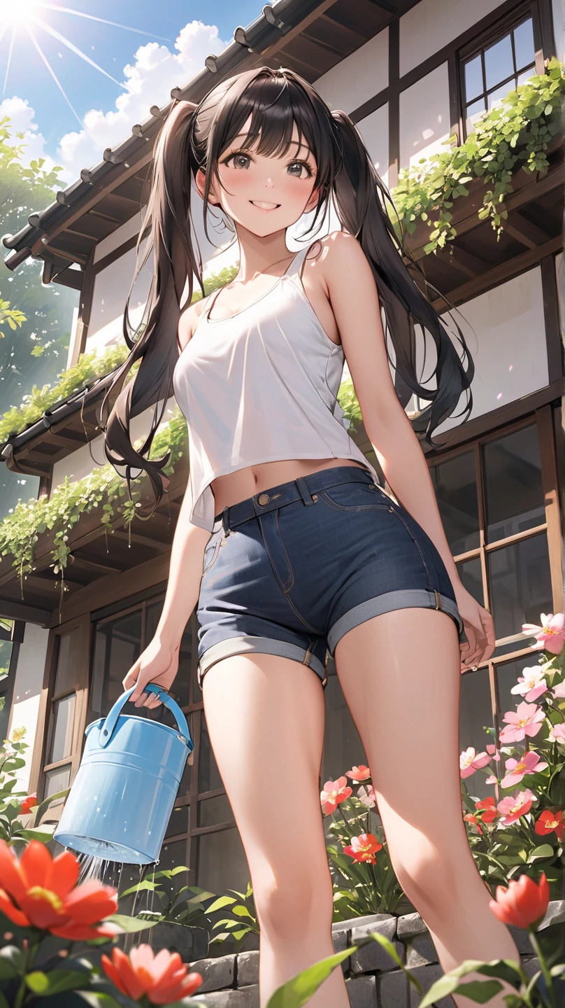 (Official art、Best Quality、Unity 8k Wallpapers、32k、​masterpiece、Ultra-detail、超A high resolution、realisitic、Photorealsitic:1.2)、(Cinematic lighting:1.2)、Fireglow effect、The grainiest shadow of the film、Rim lighting、side lights、sideshot、(Ultra-detailで複雑な3Dレンダリング)、Detailed beautiful face and eyes、A slender、Medium bust、(Full body:1.2)、 Highly detailed background、beauitful face、blurry backround、16-year-old beautiful girl、(Ultra-detailなスキン、detailed skin textures:1.3)、A darK-haired、Hip Hop Cable、(thighs thighs thighs thighs:0.8)、Knitted sandals、(((Sea sand beach)))、Smile with open mouth、(Nariko Satin),blue eyes,((white t-shirt with belly button exposed,Blue shorts))(see -through)crouching down