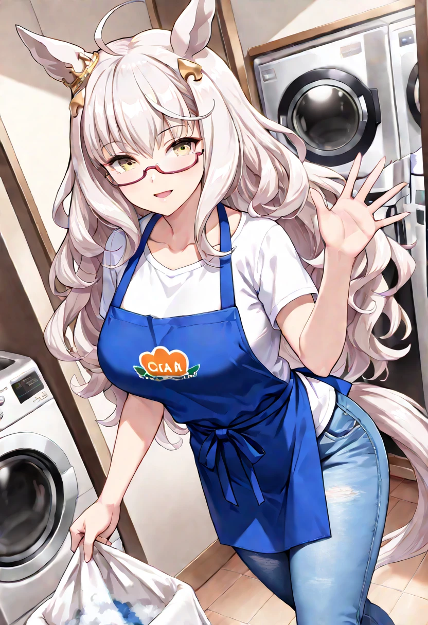 (masterpiece, best quality, perfect face:1.4), wide angle, biwa hayahide \(umamusume\), ahoge, yellow eyes, white hair, long hair, wavy hair, glasses, semi-rimless eyewear, horse ears, ear ornament, horse tail, tail on the lower back, 1 girl, proportional body, proportional, beautiful hair, beautiful face, beautiful detailed eyes, beautiful clavicle, beautiful body, beautiful chest, beautiful thigh, beautiful legs, beautiful fingers, BREAK, blue apron, (apron with piyo piyo logo:1.lim Jeans, white shirt, home, behind the kitchen counter, cooking, Carve a radish, daikon on a cutting board, holding a knife, BREAK, blush happy smile (open mouth), textured skin, realistic skin, HDR, BREAK, good hands,