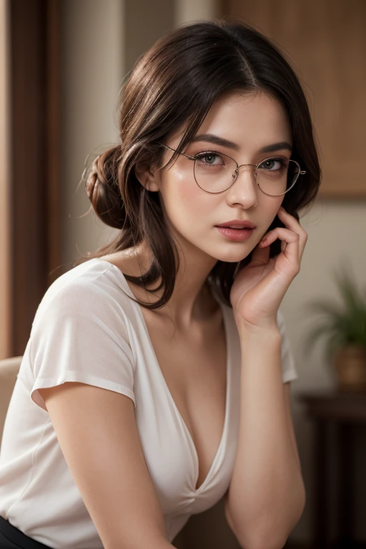 ((Best Quality)), ((masterpiece)), (detailed), 1 girl, off shoulder sweater, very sexy 22 year old girl with a very beautiful face , with glasses that make her look smart