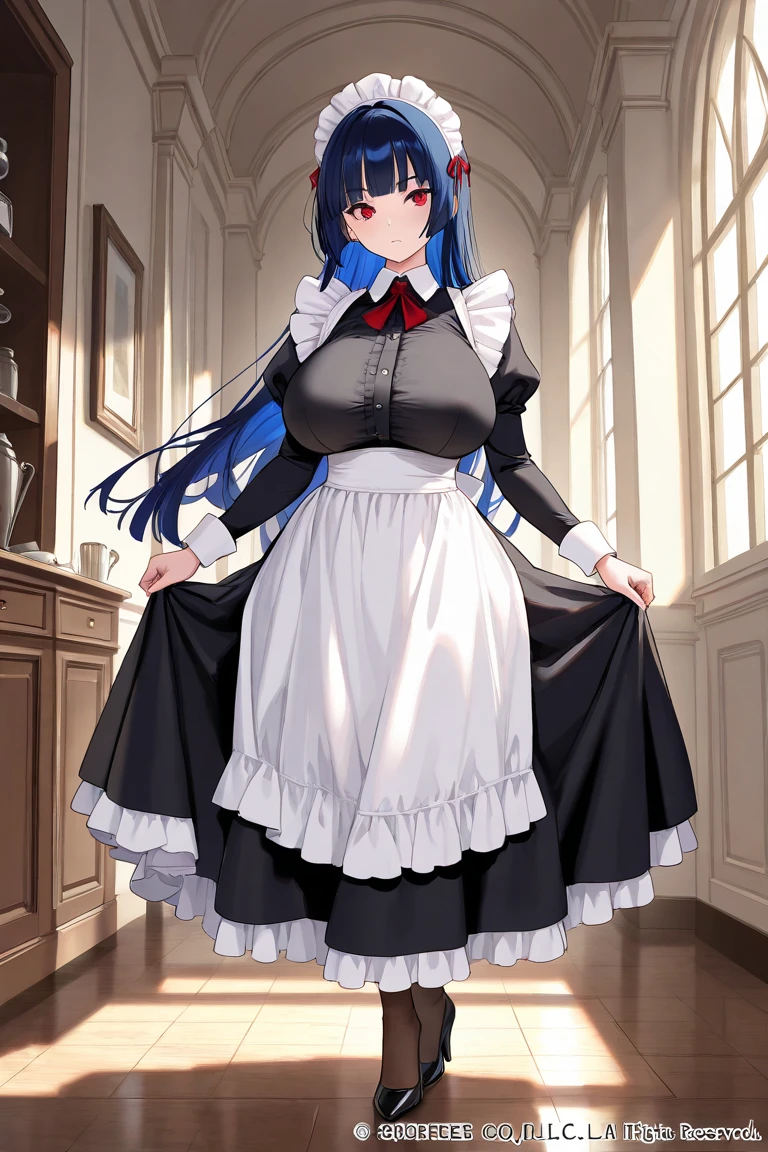 masterpiece, best quality, 1 girl, large breasts, bed, <lora:annIsekaiNonbiri_v10:1>, ann, maid, blue hair, straight hair, long hair, blue eyes, single horn, cleavage, maid headdress, long skirt, enmaided, frilled apron, wrist cuffs, short sleeves, detached collar, puffy sleeves,