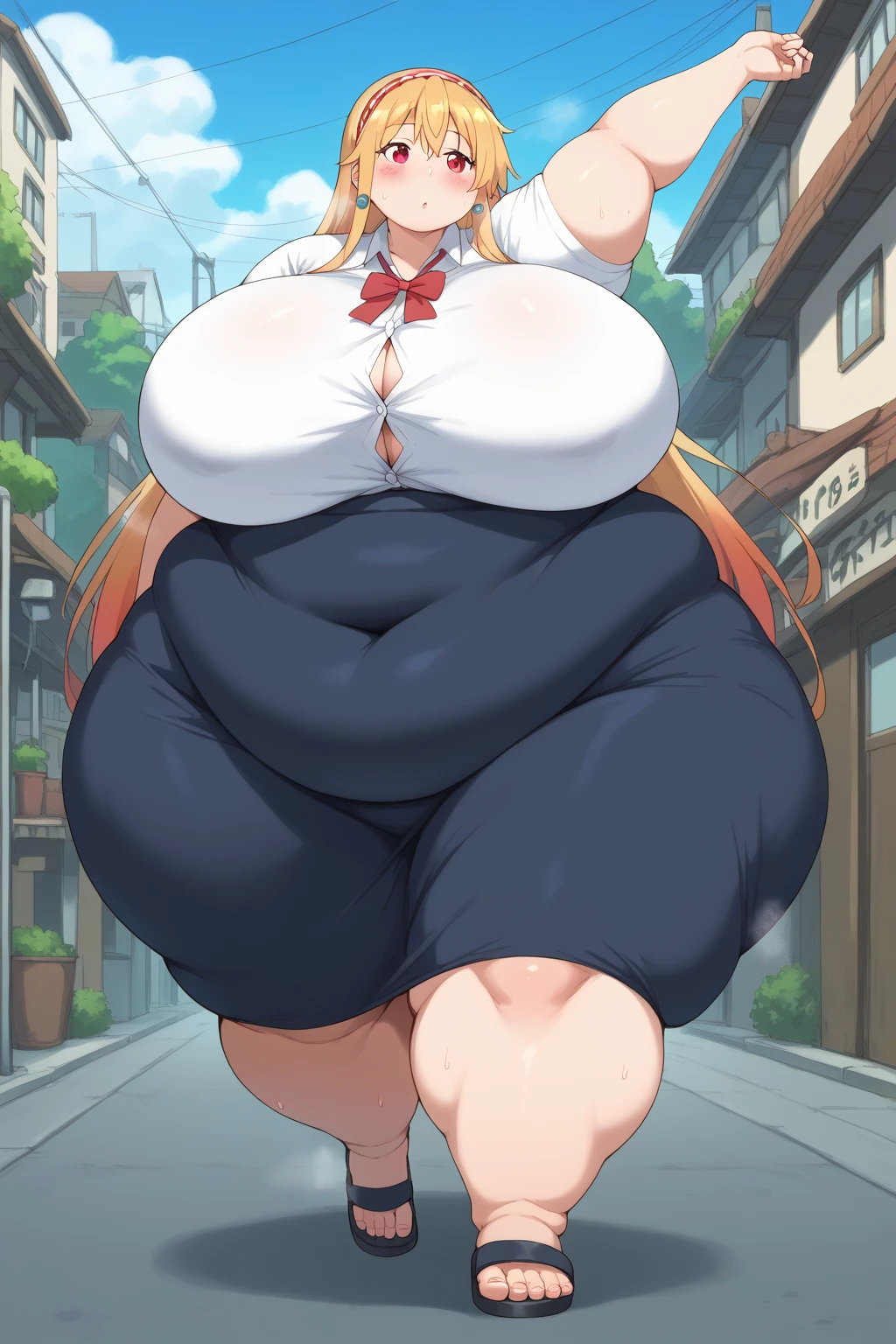 Anime woman Enormous bloated expanding diaper mess, huge bloated pregnant belly, huge overflowing breast, pov