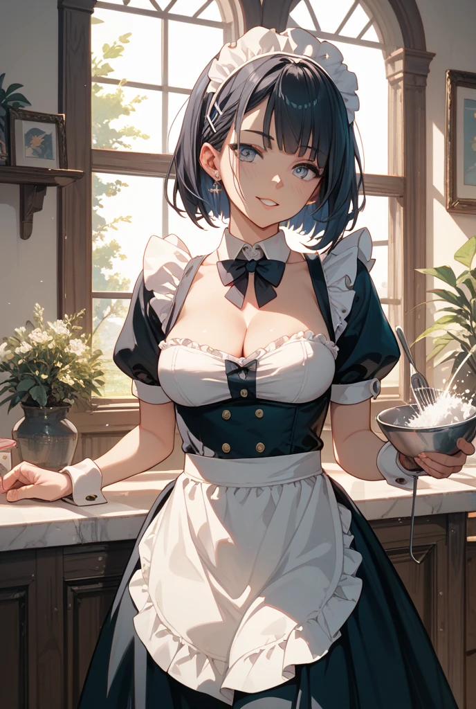 there is a a china maid with a pot holding tea on her tray 1 girl, breasts, solo, black hair, cleavage, long hair, tray, holding, looking at viewer, earrings, maid headdress, jewelry, apron, bangs, clothing cutout, hair ornament, maid, black eyes, dress