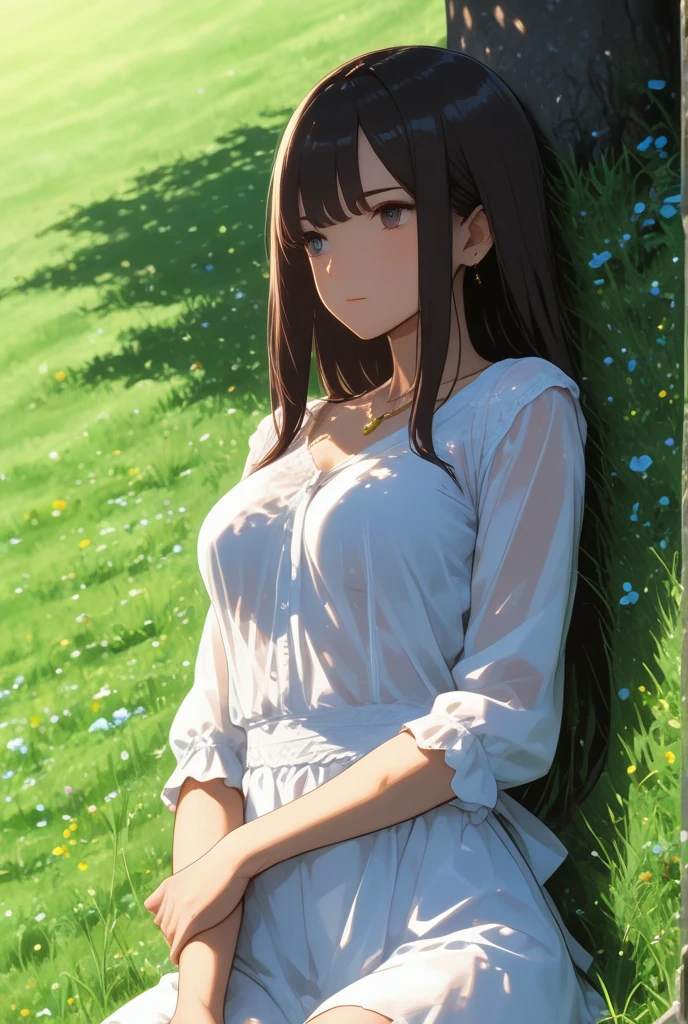Kurisu Makise, les cheveux bruns, toute nue avec un air ????. Pas de vêtements. Dans une prairie au bord d'une rivière
