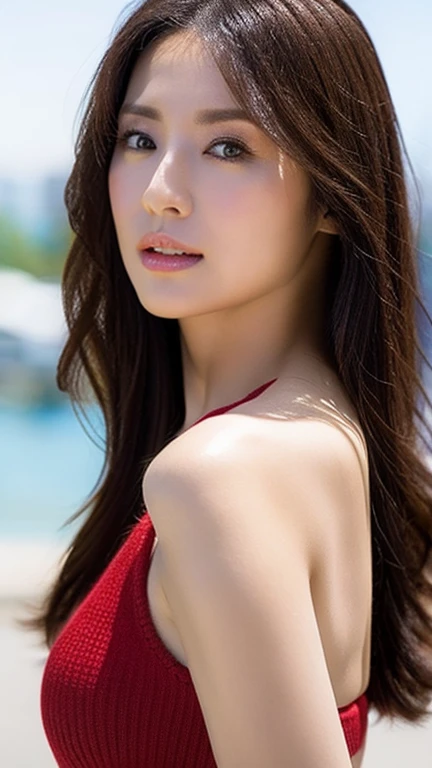 (8ก, best quality:1.2), (Masterpiece:1.37), (photograph, Photo taken with ultra-high resolution Fuji and Kodak 45 cameras.), 1 woman, Look straight.,The face is bright and clear., araffed asian woman in red shirt and black shorts with luggage, Wear a volleyball shirt., red shirt, Open V-chest shirt, red sports clothes, wearing a swimsuit, wear red dress, Wear a two-piece swimsuit., Hot with sunlight, beautiful south korean women, Wear a tight shirt., Gorgeous Korean young woman in red shirt, big breasts, Tight skin, long hair.,hair blowing in the wind,The evening sun shone brightly and was surreally beautiful..