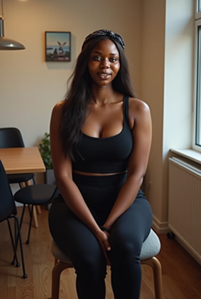 Dominican Latina mom with a curvy figure and fair skin., sitting on the floor, con blusa negra sin manga y pants negro, with her curly hair pulled back in a bun, the photo must be from the front