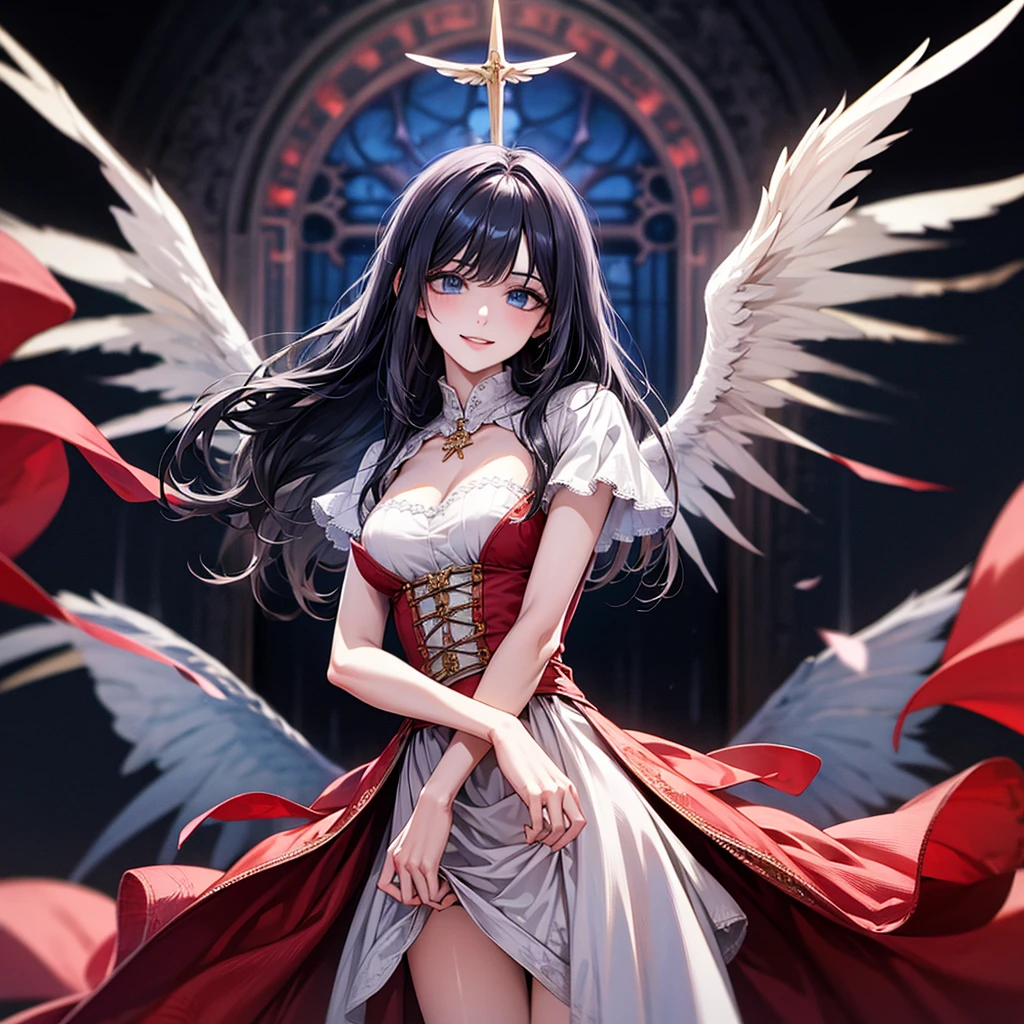 (a female angel statue),(wearing a long white robe:1.1),(the robe is stained with blood:0.9),(standing on a circular stone pedestal),(inside a church),(the angel has a pair of angel wings growing on its back),(surrounded by many lit candles),(blood stains are everywhere),(the angel's face is streaming with two lines of bloody tears)。
(blood-stained),(blood-soaked statue),(blood covering all stature), blood dripping from wings), (weeping blood),(serene expression),(majestic),(detailed facial features),(tall stature),(angelic),(elegant),(gazing upwards),(golden halo:1.1),(soft illumination),(shadows playing on the marble),(crimson red),(melancholic atmosphere),(sombre lighting),(stainedglass windows),(solemn),(holy atmosphere:1.1),(subtle emotions),(mysterious aura),(divine guard),(sacred),(tragic beauty:1.1)。(highres:1.2)
Due to the large randomness of the output of Stable Diffusion for character titles,We need to describe the facial features of the character、details such as the color of the clothing。The female angel is both the subject of the picture,It is also the most critical element。Other details don't just add to the level of detail,It can also add more storytelling and artistry to the generated images。