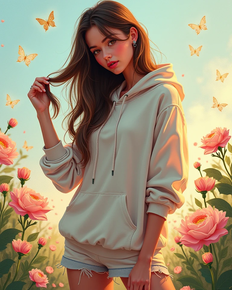 young woman, wearing bikini according to short flowers, with long brown hair, surrounded by various flowers, realistic style image, surrounded by vibraprint ready vector t-shirt design, white background, side view, sticker, clean white background, vector professional, high detail, t-shirt design, vibrant.