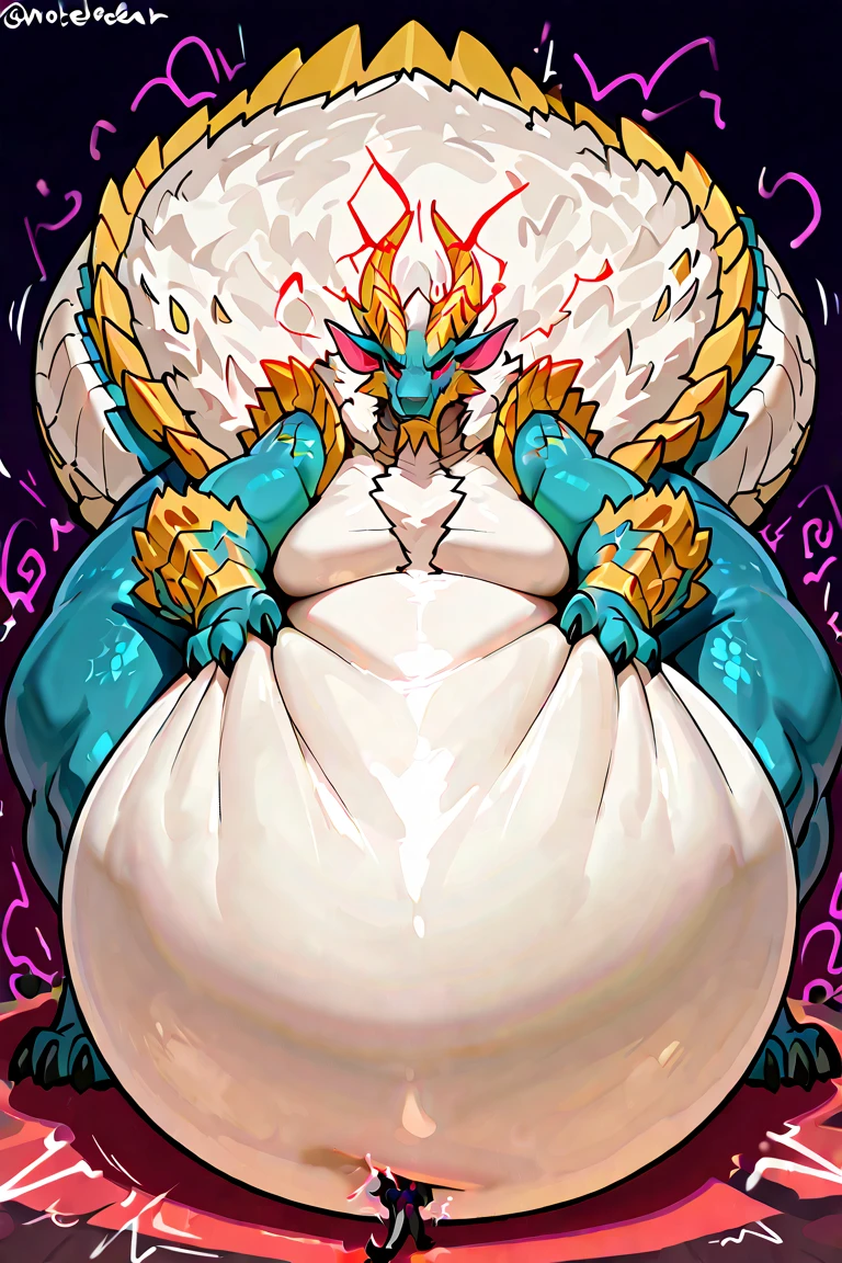 High res, shading, Rauru, temple background, wearing only a black thong,((femboy)), wide hips, hyper ass, hyper thighs, staring at viewer lovingly, massive genitalia bulge, blushing, full body,((solo)), full body, front view,((male)), standing, warm lighting, arms behind head, extremely obese, bottom heavy, by ASaneMan 