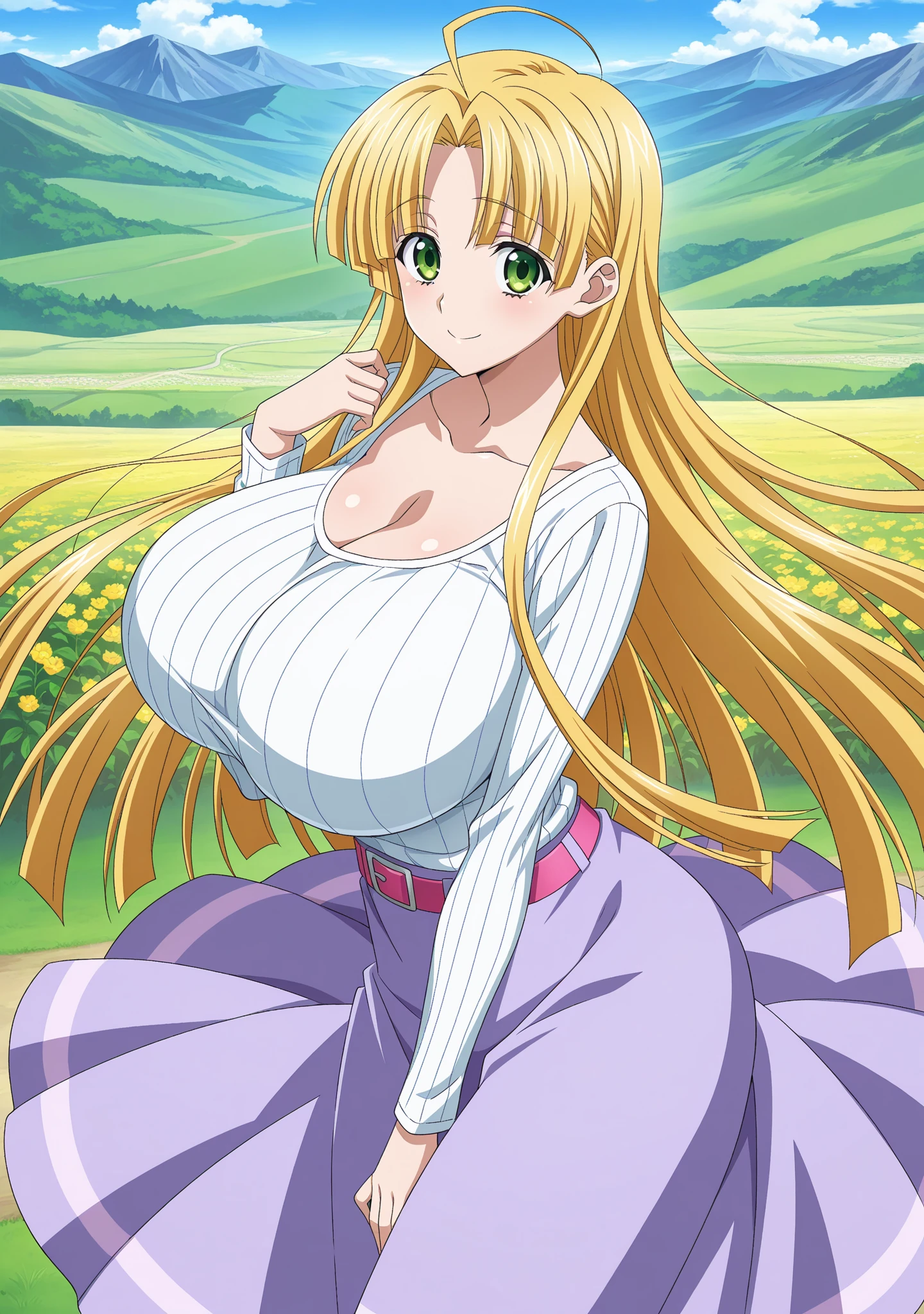 (anime art style), masterpiece, best quality, very aesthetic, absurdres, minamifuyuki, ((1girl)), blonde hair, long hair, sidelocks, ahoge, eyeslashes, blue eyes, big breasts, curvy body, sexy, cleavage, black high heels, gold dress, borrowed, embarrased, intense blush, ((cowboy shot)), (from front), (night), (palace), (standing), (hands on own chest), (looking at viewer:1.0)