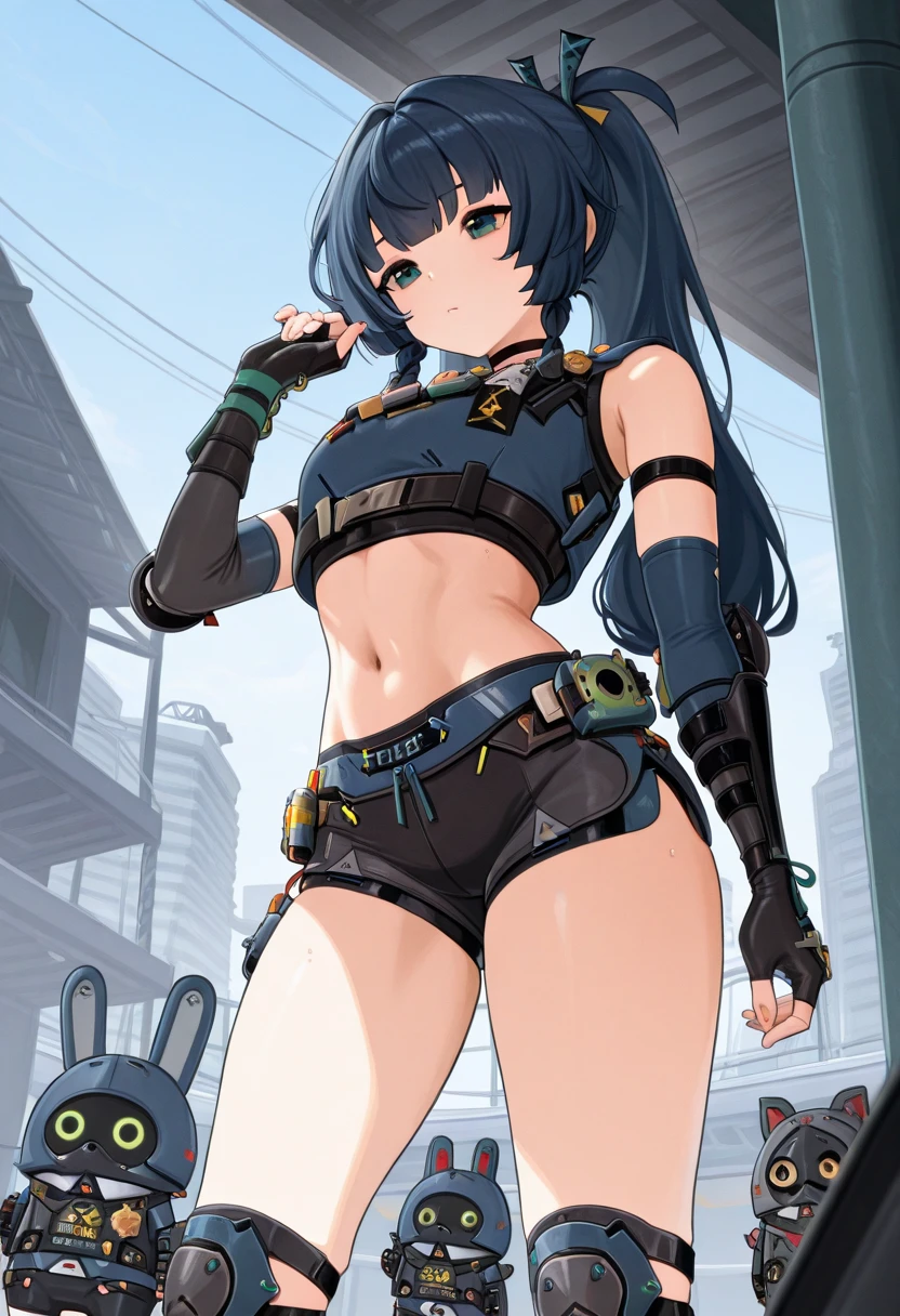 Teenage cyber girl, cyber bikini, cyber high-heels, cyber goggles, slim, small breasts, cyber backpack, black hair, long ponytail, holding cyber sniper, ready for battle, soldier