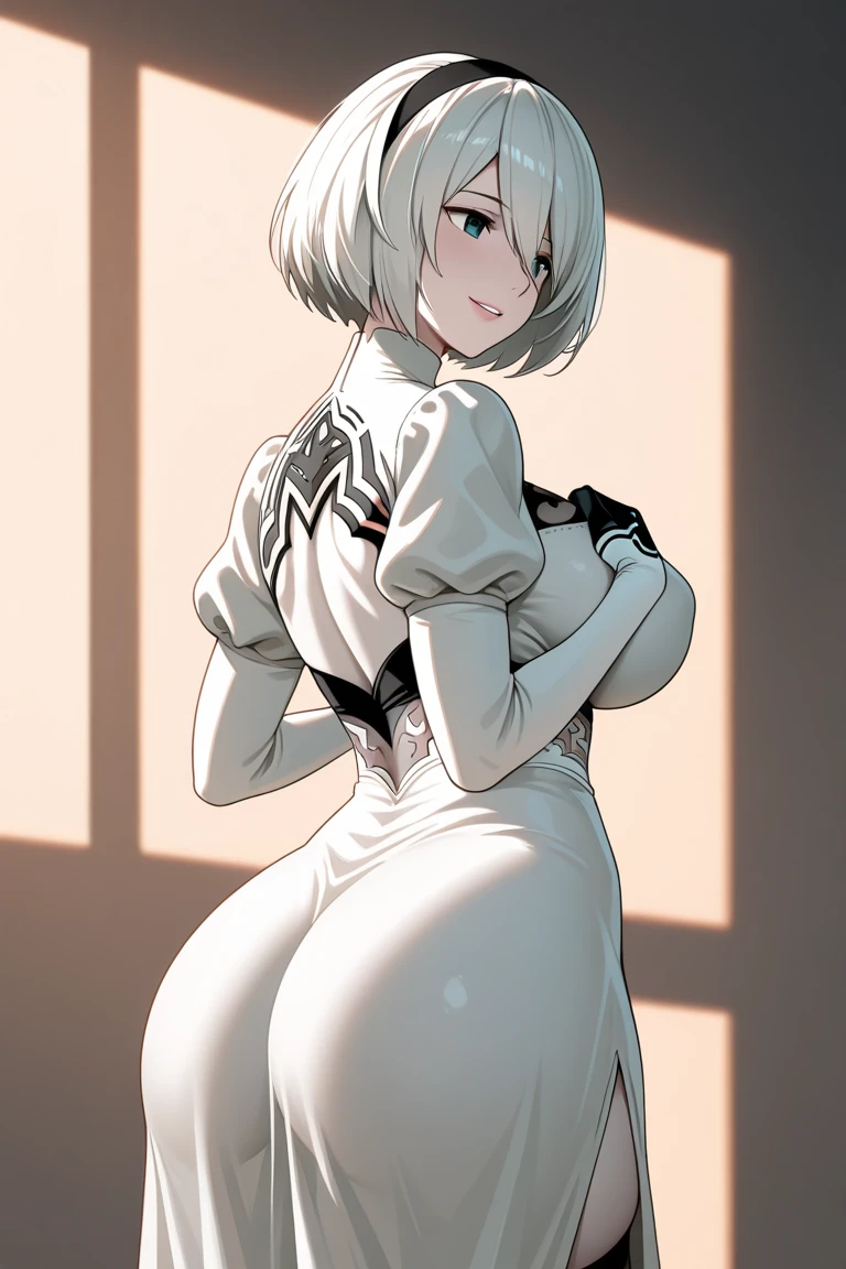 yorha 2B, Nier automata, (black visor, yorha visor), mature woman, white hair, mature body, bend over, back view, (red spank mark) 