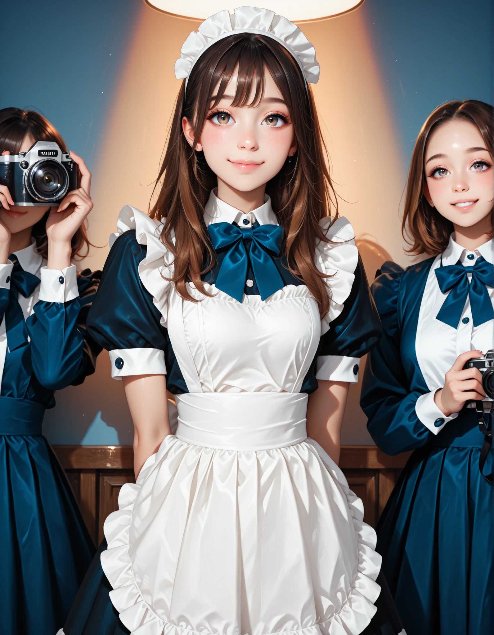 Gobo lighting, maid costume, brown hair, Navy blue bow tie, cameras,kind smile