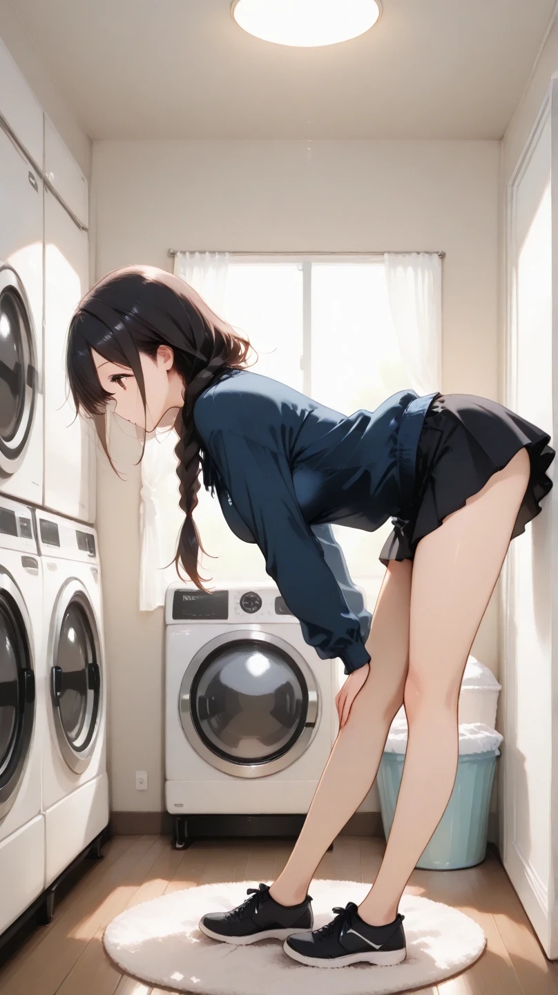 One Woman、beautiful girl、high school girl、Coin laundry、Blazer uniform、Black knee socks、long hair、洗濯機の中には大量Panties、Put your panties in the washing machine, Highest quality, Short pleated skirt、Thick thighs、Big 、Big Ass、Black Hair、Sweaty knee socks、Stripes々Panties、Low - Angle