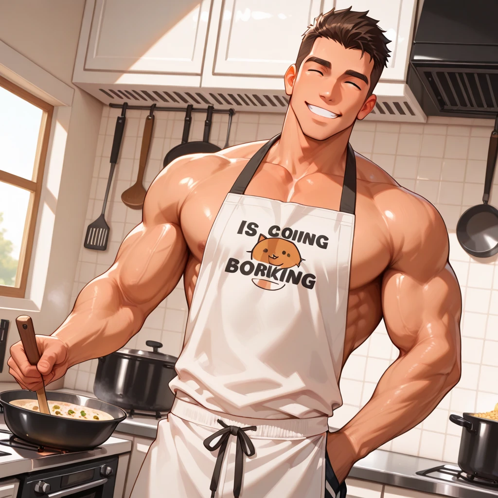 German, tall to the ceiling, bodybuilder, highschool freshman serving food in an asian restaurant, dressed in tight sweat pants and a colorful asian robe show abs, cute young face, great height difference. high detail faces. show full height from toe to head. 1 bodybuilder in the picture. Asian restaurant scene with several table and customers.