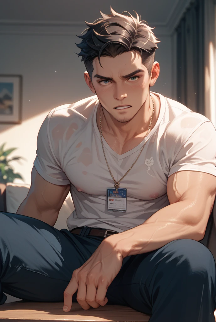 highest quality, 8K, high resolution image, anime style Jujutsu Kaisen, detailed strokes, slightly tanned skin, blurry, smile, purple light reflecting from it, (close angle), 1 man, young, male, model, cool guy, muscular, blue Eyes, brown very short hair, brown hair, short hair, hairstyle: undercut, hair slicked back, swollen chest, he is wearing a T-shirt under a jacket and sweatpants, hand in trouser pocket, gold link chain, background: bedroom, bright room, large window, sitting on the bed, relaxation pose