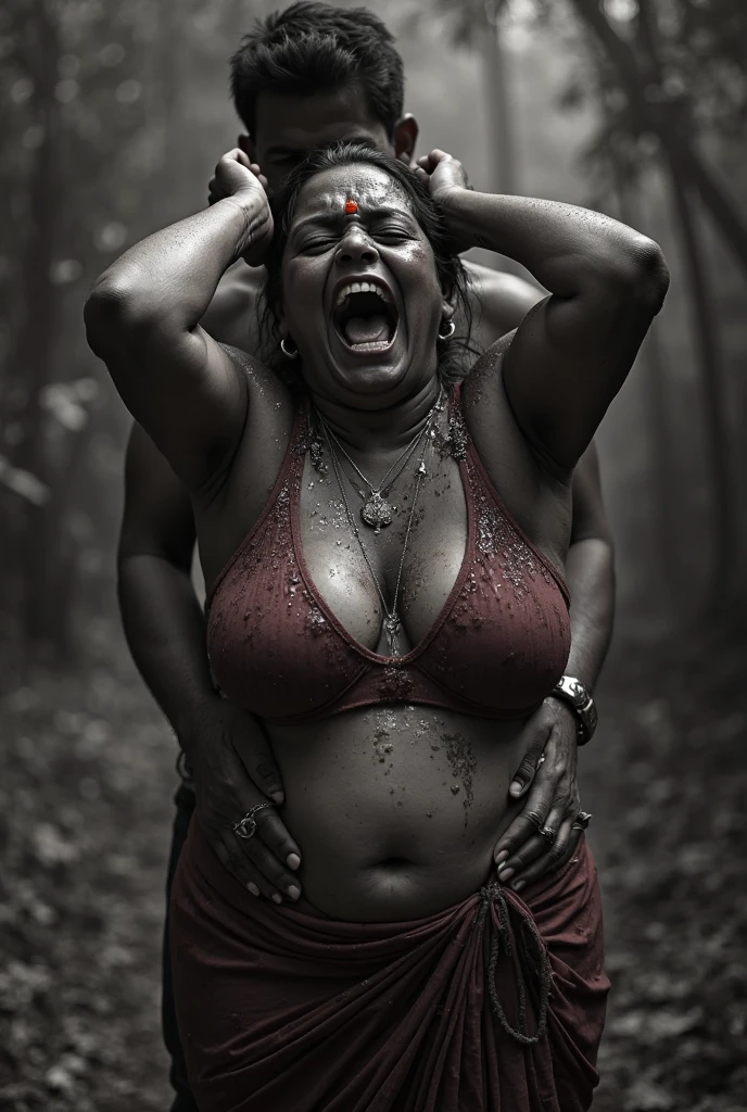 A 25-years old very beautiful sweaty naked Indian girl with hairy armpits and bodybuilder abs crying and bleeding when tortured by a man