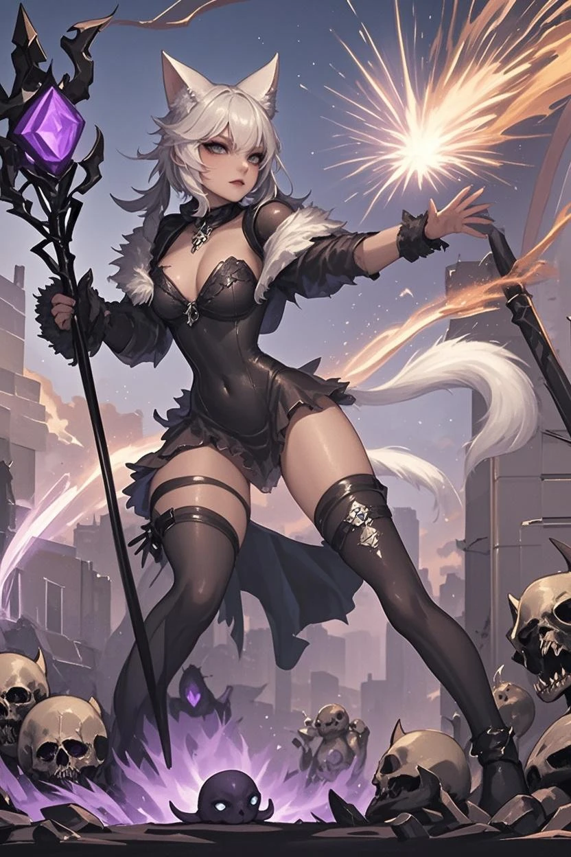 (masterpiece, high quality:1.1), y'shtola, miqo'te, cinematic lighting, extremely detailed, Matoya, hair ornament, feather hair ornament, choker, black choker, brooch, dress, long dress, black dress, fur-trimmed dress, fur trim, backless outfit, cleavage, long sleeves, wide sleeves, gloves, black gloves, fingerless gloves, partially fingerless gloves, ring, claw ring, y'shtola, y'shtola rhul, miqo'te, cat girl, grey hair, short hair, bangs, animal ears, cat ears, grey eyes, slit pupils, lips, facial mark, whisker markings, tattoo, neck tattoo, tail, cat tail,