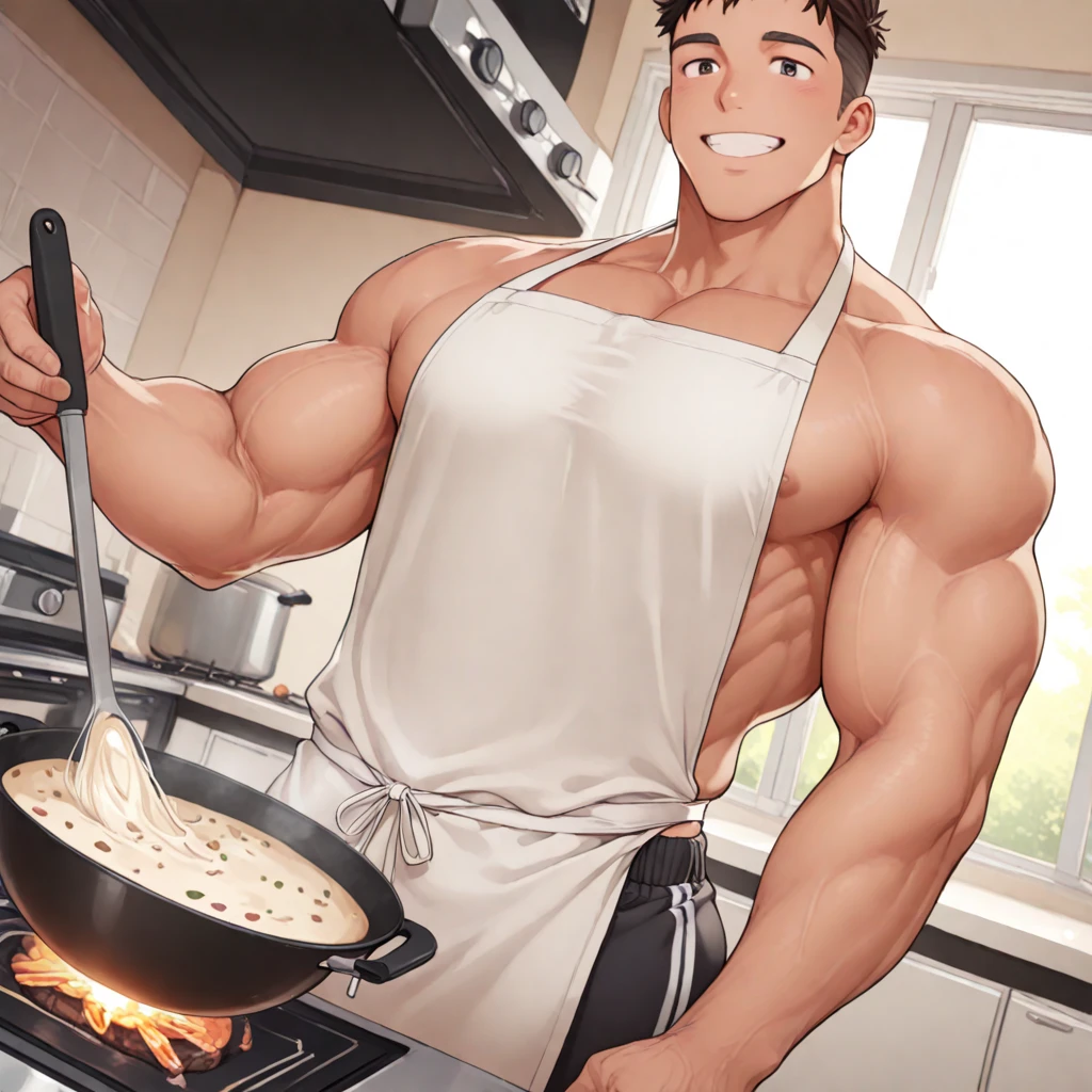 Middle-aged men,(50s),Bristles,chest hair,Masculine face,Long Hair,half up hair,Slightly tanned skin,((naked)),(burly),(best quality),(8K),((extremely detailed)),masterpiece,(ultra quality),(beautiful right),Embarrassed face,((alone)),((high quality face)),((face close up)),bring the camera closer,((((high resolution)))),gray hair,kitchen,(naked lace frill apron),curvy,sweat,wet skin, ,((swollen crotch)),fat,apron for men,((bare ass)),blush,apron without back cloth,(Fat),((naked butt))