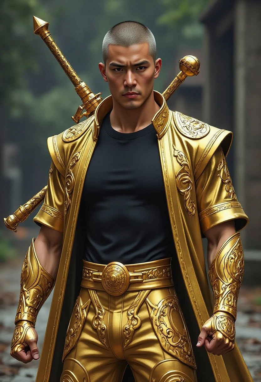 disconsolate,Ambient,artistic conception,large scene,The wind blew up the white curtains,Dattain lamps,Diffuse light,chest muscle,detailed face, Shirtless, stubbles, Sideburns, musculature, Strong handsome korean guy, a golden statue of handsome men god , multiple hands holding some weapons, , Hanfu,Golden blue、Jing Qing Moqing、jackson wang, Plain cherry blue,Junyi,Dignified atmosphere,Temperament,Short hair, Flat-headed beautiful man,The light is gentle,The scene comes to life