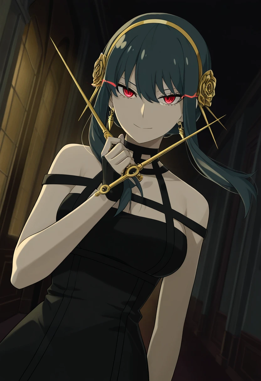 Anime Coloring, 1girl, Yol Brier, spy family, upper body, Black Dress, Action Poses, knifeを持っている, eye trail, Interior of a mansion ,  dark, moonlight, dramatic lighting, dynamic angle, very high resolution, animated screenshot, Depth,masterpiece, 最 High Quality ,  High Quality ,   Super beautiful  ,  Outrageous,  up to date, scene color, score_9,  score_8_up,  score_7_up,  score_6_up,  score_5_up,  score_4_up,  ,Alone,  ，smile，  speed，wind(1.3)wind,    fan art   ,Alone,   Squid Tattoos   ,     High Quality  fan art ,   High Quality  、 Super Luxury ，  Golden stiletto holding vivid fingerless, Held Weapons, Blood, Rose, knife, Blood on 武器, Holding dagger, hallway, Gold Earrings,serious face， serious, blackout fit, 保持している  Golden Stiletto ,  Golden Stiletto 
