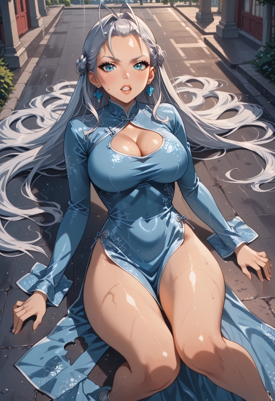 (absurdres, best high quality image, carefuly detailed features and textures, very detailed image, solo character alone, full character view): {{(1character: 43 years old human noble woman milf), ((african black skin), (blue eyes), (grey eyebrows), (beautiful features, absolute beauty), (pink lips), (grey long hair tied in a high ponytail), (voluptuous figure, big breasts, beautiful arms, beautiful legs)), ((green girly fitness one-piece thong leotard)), (walking relaxed, sweet demeanor, shy expression, sweetness smile), (fountain green plaza)}}