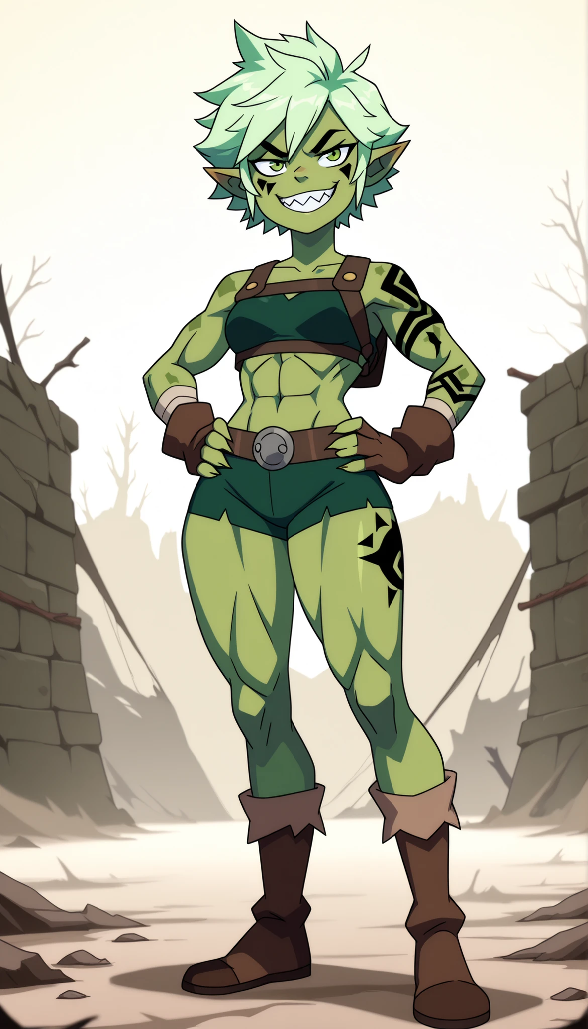 absurdrez, masterpiece, 4k, extreme detail, extremely muscular goblin tomboy, big grin, brash, confident, horny, sexy, light green skin, pointy ears, green eyes, short length messy green punk hair, small breasts, many tattoos, face tattoo, sharp teeth, 1girl, solo, wearing battle harness, Full body:1.5, tall Goblin,
