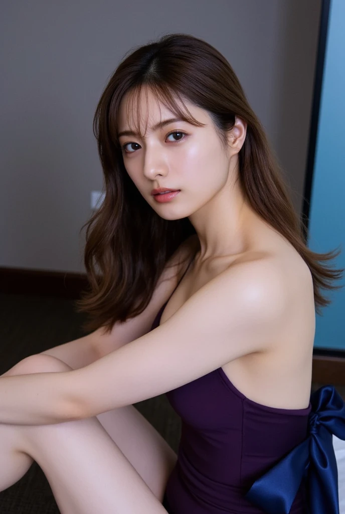 (masterpiece、highest quality、Realistic:1.3)、1 girl、Beautifully detailed eyes、Beautifully detailed lips、cute、close your eyes、Open your mouth、slender、White skin、Spread your legs、pubic hair、Messy black hair、Wet body、Place your hands in front、(Dynamic Pose:1.2)、(From below:1.2),Gray background、(Blue Eye Shadow)、Red lipstick、(Sexy look)、Thighs、Pointy nipples、