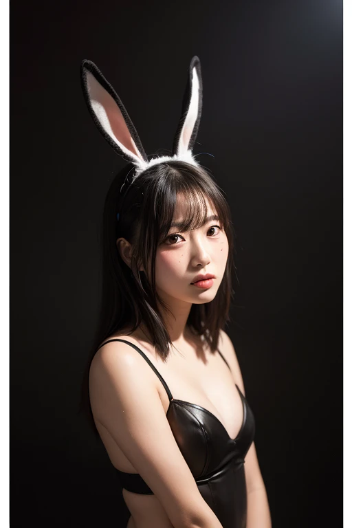 Woman, black short hair, bunny mask