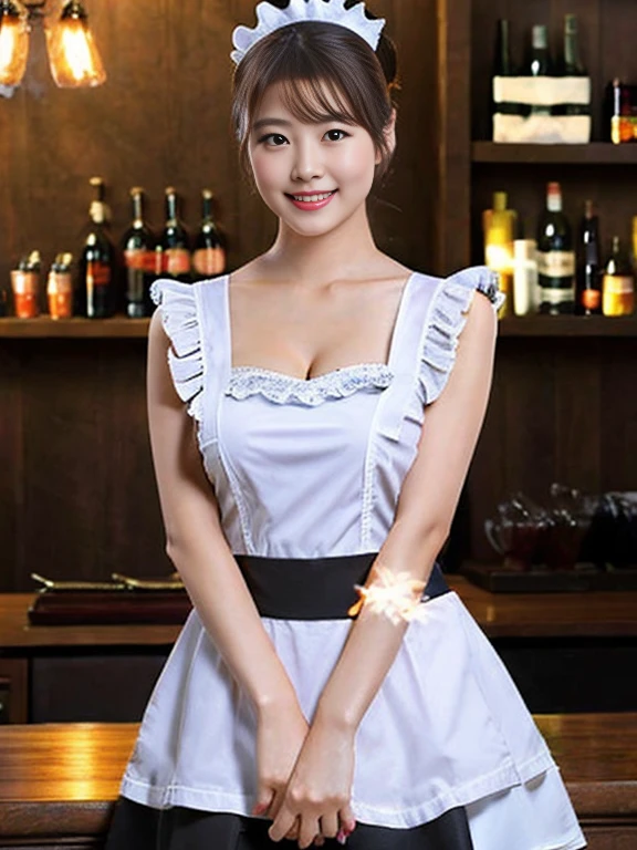 (((European Caucasian Woman)))、(((Mary, 18 years old)))、one person、(Thin contours、Grey Eye:1.5)、(Thin contours)、Big Breasts、Narrow waist、(((White and translucent skin:1.3)))、Beautiful, shiny blonde medium-long hair、8-head-tall model style、Tokyo cityWear、 Ultra HD、8hair、(1 female:1.2. Beautiful and natural、High-quality texture, Intricate details, Fine texture, High detail, Highly detailed CG, High Quality Shadows, Realistic facial expressions, Beautiful and delicate down to the last detail, Beautiful and delicate eyes, Brown pupil, Perfectly balanced face, Written boundary depth, Cinematic Light, Lens flare, Ray Tracing,perspective, (Big eyes:1.2), Perfect body,Excellent anatomy,, elegant, Bright colors, 、Small Mouth、((bar))、、(Very short hair/Super short),night、night景、((One person))、Black short sleeve lace top、Black tulle skirt、Black clothes、「Dwarf」(Floral clothes)、(Straight bangs)、(Super Short Hair、Berry Short)、 smile、((Full Body Shot))、