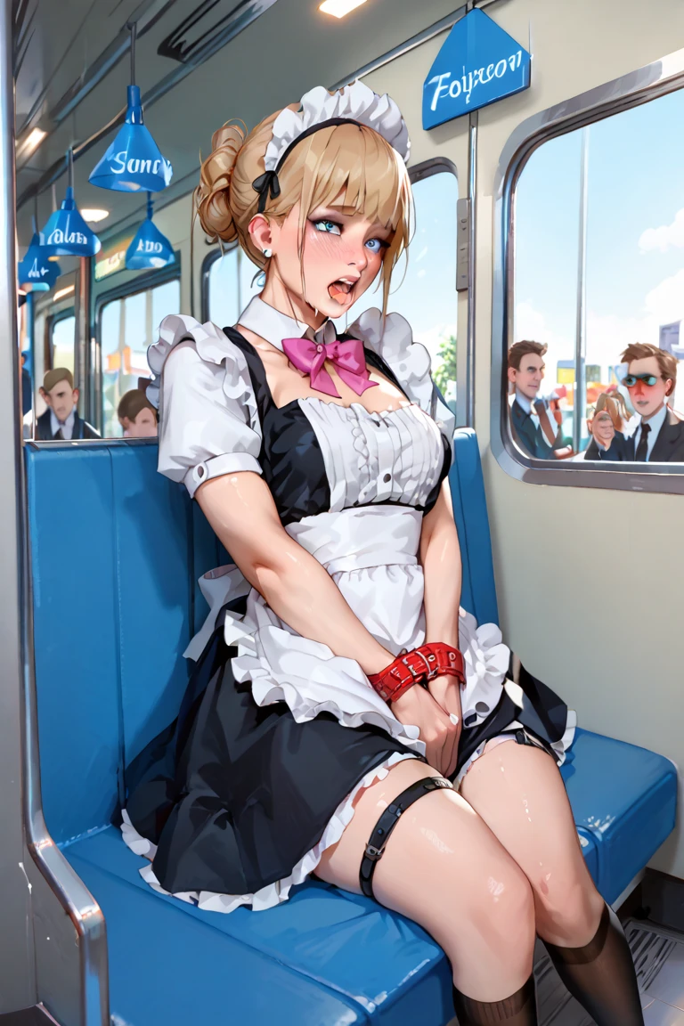 intercourse with a man, vaginal , doggystyle, Juice stain, Leg up, (1man and 1girl,Having :2),1,standing doggy, hug from behind, grabbing on breasts, ( Position),Standing, ,Prancing box,(1 Open the girl's legs:1.4),allfours, Misaligned bra, Arched back, (Crowded train:1.4), Train interior, Dynamic Pose, Rest grab with dynamic hand movements:1.3), A Man'arms holding a girl'the hand that holds it.), (grabbing from behind), Looking down, From below, (Close contact:1.1), (Yor:1.4), (cumdrip:1.2), facials, cum on facial, White liquid, (Best Quality:1.1), (masutepiece:1.0),Black eyes, the Extremely Detailed CG Unity 8K Wallpapers, (Photorealistic:1.2), Complex 3D Rendering、beautiful porcelain profile、Super complex face, vibrant detail, BREAK,(Open your mouth wide:1.4), (blush:1.5), blush stickers, furrowed brow, Grimace, Screaming, Pained face,Closed eyes, Detailed lips, Detailed tongue, light brown hair, Blonde hair, Huge twintails, Curl inside, Short hair, Floating hair, (huge-breasted:1.2), Nipples, long nipples, puffy niples, small areolas,BREAK,(See-through light blue maid outfit:1.5), Skirt lift, (lifted by self:1.3), zettai ryouiki, Showing , (A large amount of body fluid overflows from the crotch, Urine on the ground、 Peeing :1), (Evacuation of women:1.5) ,female-orgasm, (squirt love juice:2),