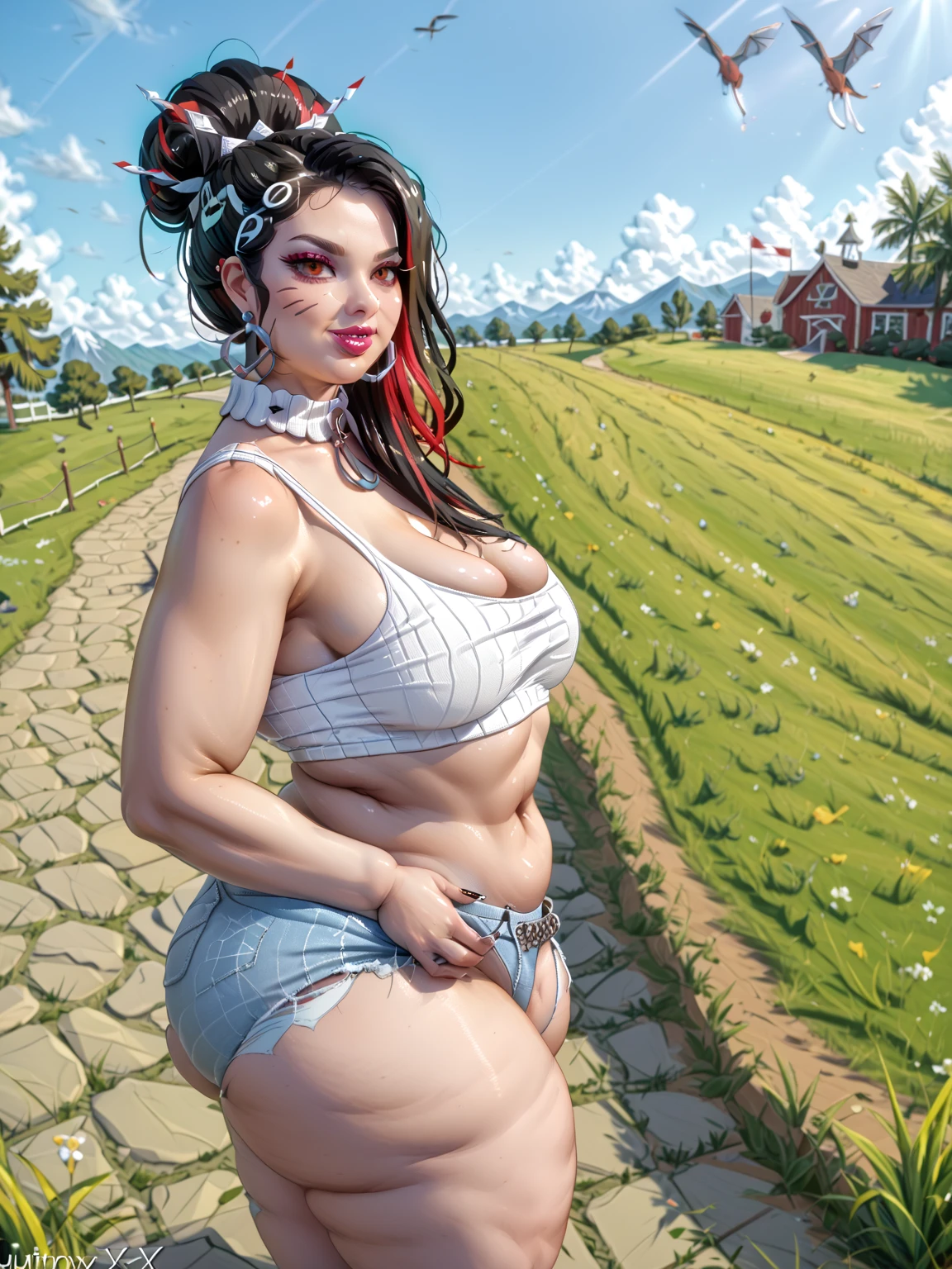 25 year old European girl, hair in braids falling in front of her shoulders, floral t-shirt, floral skirt, skirt lift, black lace panties, in the middle of the street, naughty smile ((bimbostyle))