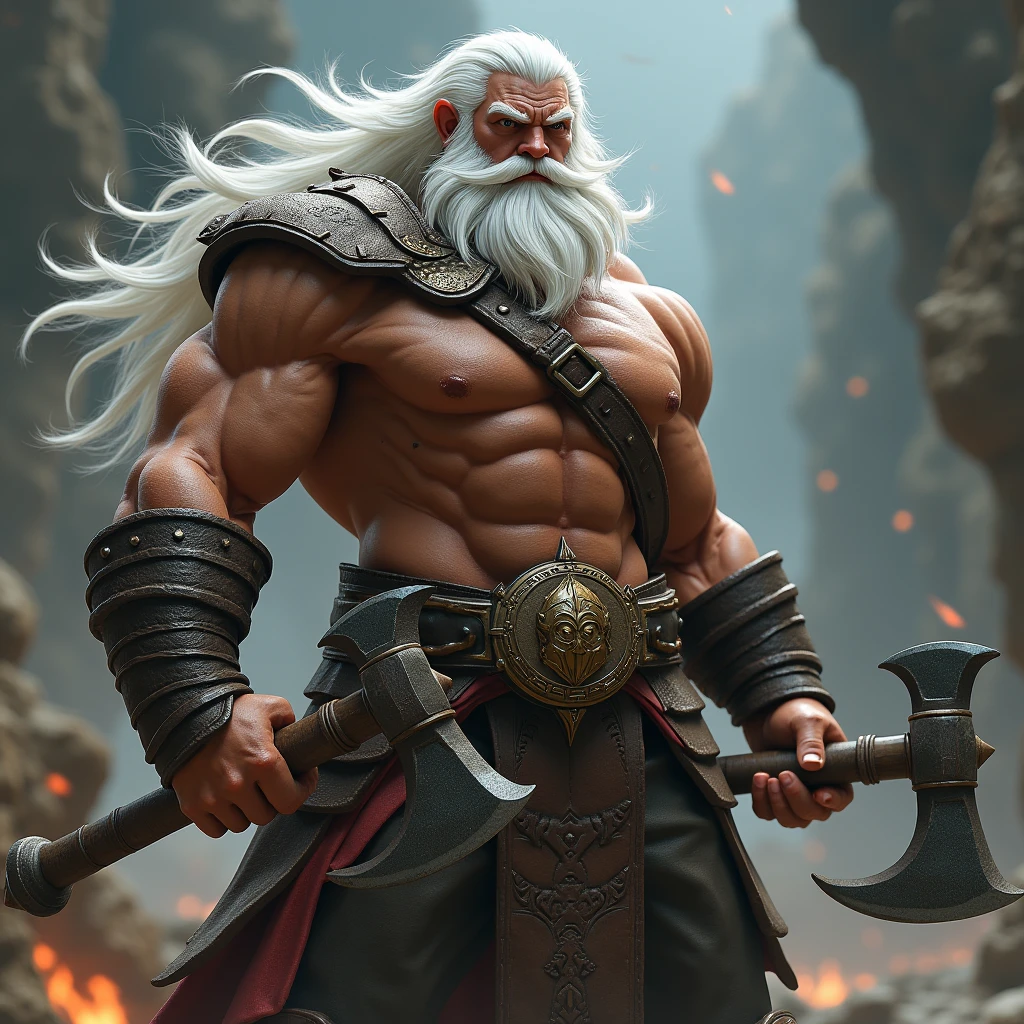 Black Viking left arm tattoo design, a full body muscular viking man, showing muscular legs, holding sword with right hand, holding a Thor's hammer with lightning in his left hand, brown hair divided with bangs, perfect realistic blue eyes, wearing warrior leather pants, wearing warrior boots, lake and mountains in the background.