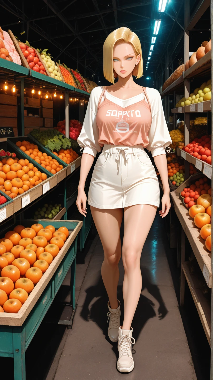 a beautiful woman in an orange crop top, standing in a vegetable market, laughing,long black hair,hairy pussy,photo-realistic,extremely detailed,masterpiece,4k,HDR,vivid colors,natural lighting