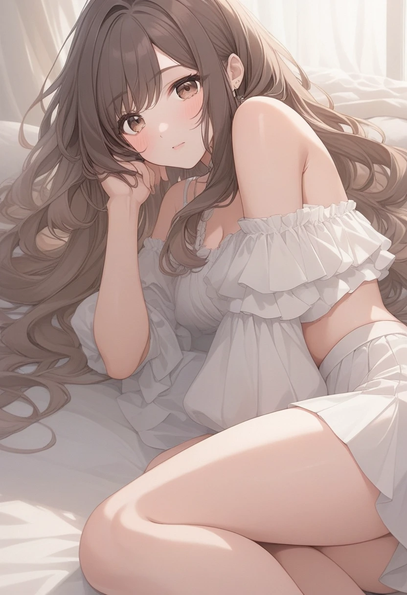 masterpiece, best quality, high quality, detailed, ultra detailed, hyper detailed, insanely detailed, exquisite, beautiful, FHD, Full-HD, 4K, 8K, highres, absurdres, woman, happy, laughing, lying on back, looking at viewer, very long hair, brown hair, black eyes, tall, glamorous, voluptuous, , gyaru, necklace, piercing, in the bedroom, with a bed, at midnight, cel anime, upper body, golden ratio, embarrassed