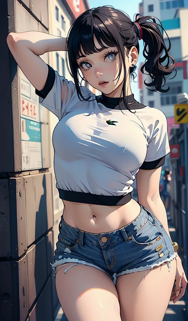 arafed woman in a white shirt and denim shorts posing for a picture, wearing a sexy cropped top, crop top, tinyest midriff ever, beautiful jewish woman, tight shirt, wearing crop top, croptop, exposed midriff, tel aviv street, white top, thin-waist, thin waist, wearing tight shirt