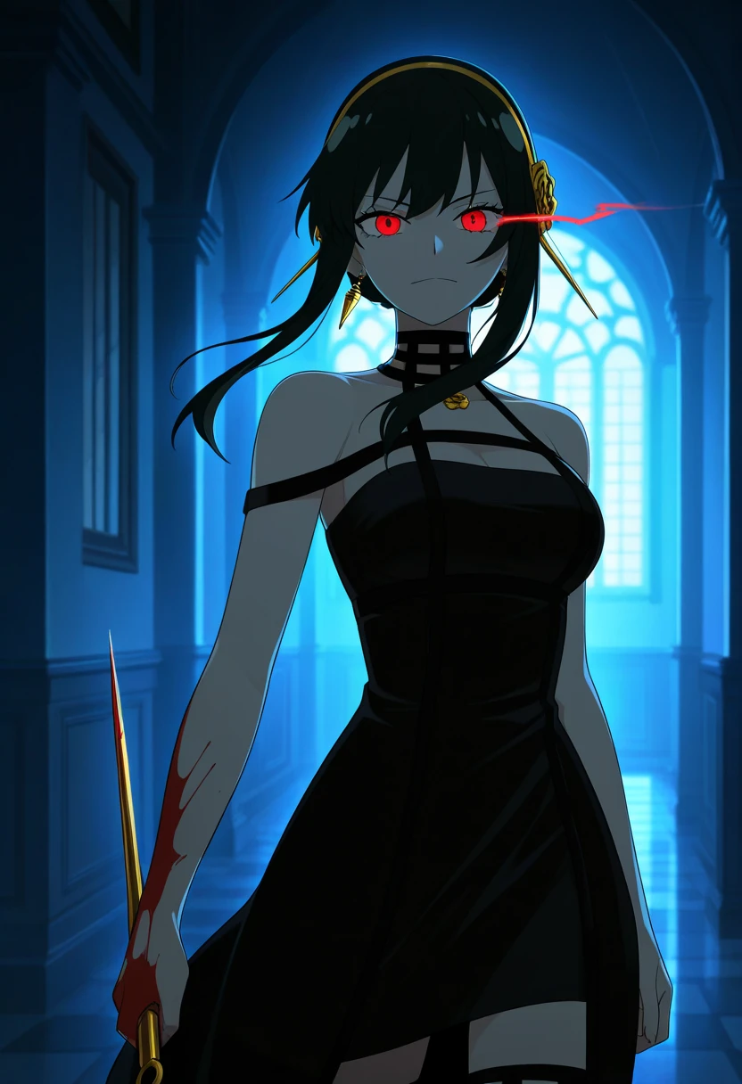 Anime Coloring, 1girl, Yol Brier, spy family, upper body, Black Dress, Action Poses, knifeを持っている, eye trail, Interior of a mansion ,  dark, moonlight, dramatic lighting, dynamicアングル, very high resolution, animated screenshot, Depth,masterpiece, 最 High Quality ,  High Quality ,   Super beautiful  ,  Outrageous,  up to date, scene color, score_9,  score_8_up,  score_7_up,  score_6_up,  score_5_up,  score_4_up,  ,Alone,  ，smile，  speed，wind(1.3)wind,    fan art   ,Alone,   Squid Tattoos   ,     High Quality  fan art ,   High Quality  、 Super Luxury ，  Golden stiletto holding vivid fingerless, Held Weapons, Blood, Rose, knife, Blood on 武器, Holding dagger, hallway, Gold Earrings,serious face， serious, blackout fit, 保持している  Golden Stiletto ,  Golden Stiletto 
，smile with a serious look，The Eye of a Killer，low angle，Run，Moment of dash，cowboy shot，dark haired，long，dynamic，dynamicアングル，Aura，wind（1.）